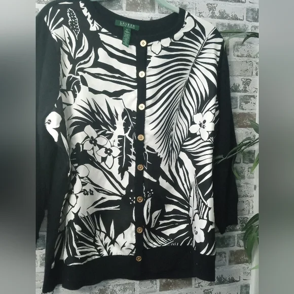 Ralph Lauren Black and White Botanical Cardigan Sweater - Picture 2 of 5